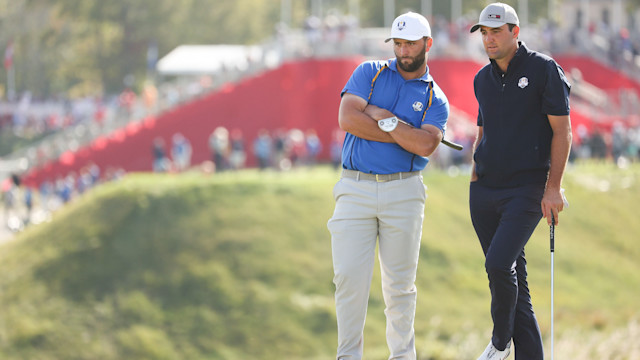 Jon Rahm and Scottie Scheffler during the 2020 Ryder Cup at Whistling Straits in Kohler, Wisconsin. (Photo by Maddie Meyer/PGA of America)