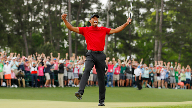Tiger Woods celebrates on the 18th green after winning the 2019 Masters (Getty Images).